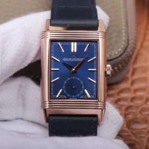 Jaeger LeCoultre Reverso Tribute Double-sided Double Time Zone Flip MG Factory Rose Gold Blue Dial Replica Watch